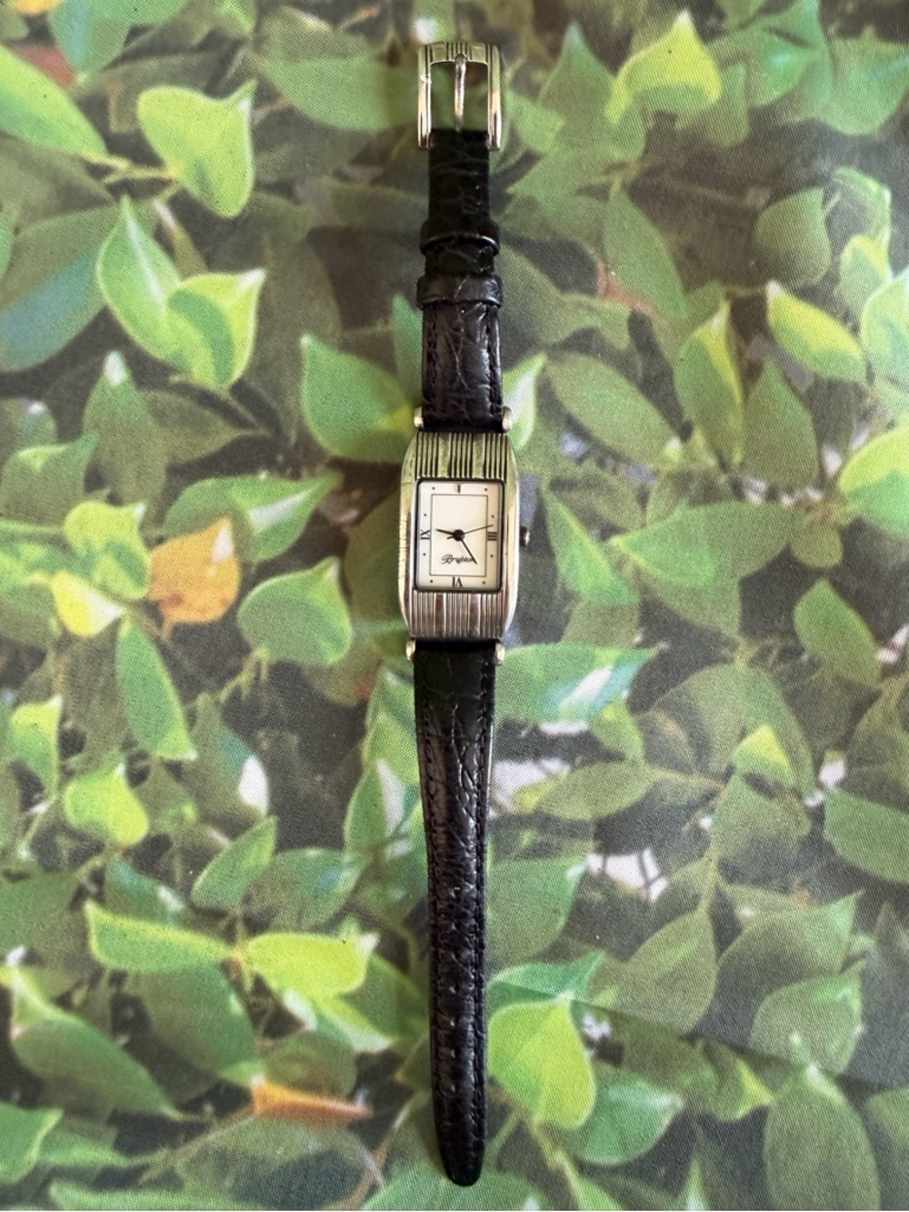 Brighton Rectangular Silver Face Black Leather Strap Women's Watch